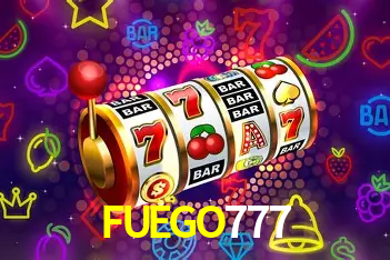 Una escena digital vívida inspirada en casino con FUEGO777 mostrado prominentemente, luces brillantes, fichas, cartas y acentos dorados.
