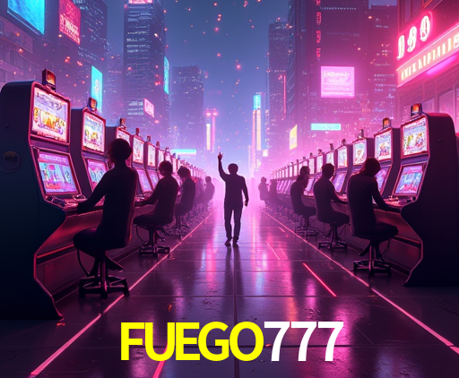 Escena dinámica inspirada en casino con iluminación FUEGO777, cartas, fichas e íconos de juegos digitales en un espacio moderno de juegos.