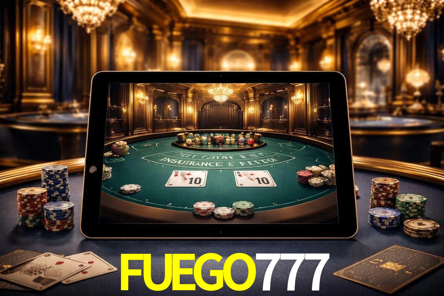 Configuración moderna de casino en vivo con una tableta mostrando una mesa de blackjack, luces cálidas de estudio y una atmósfera elegante de juegos digitales.